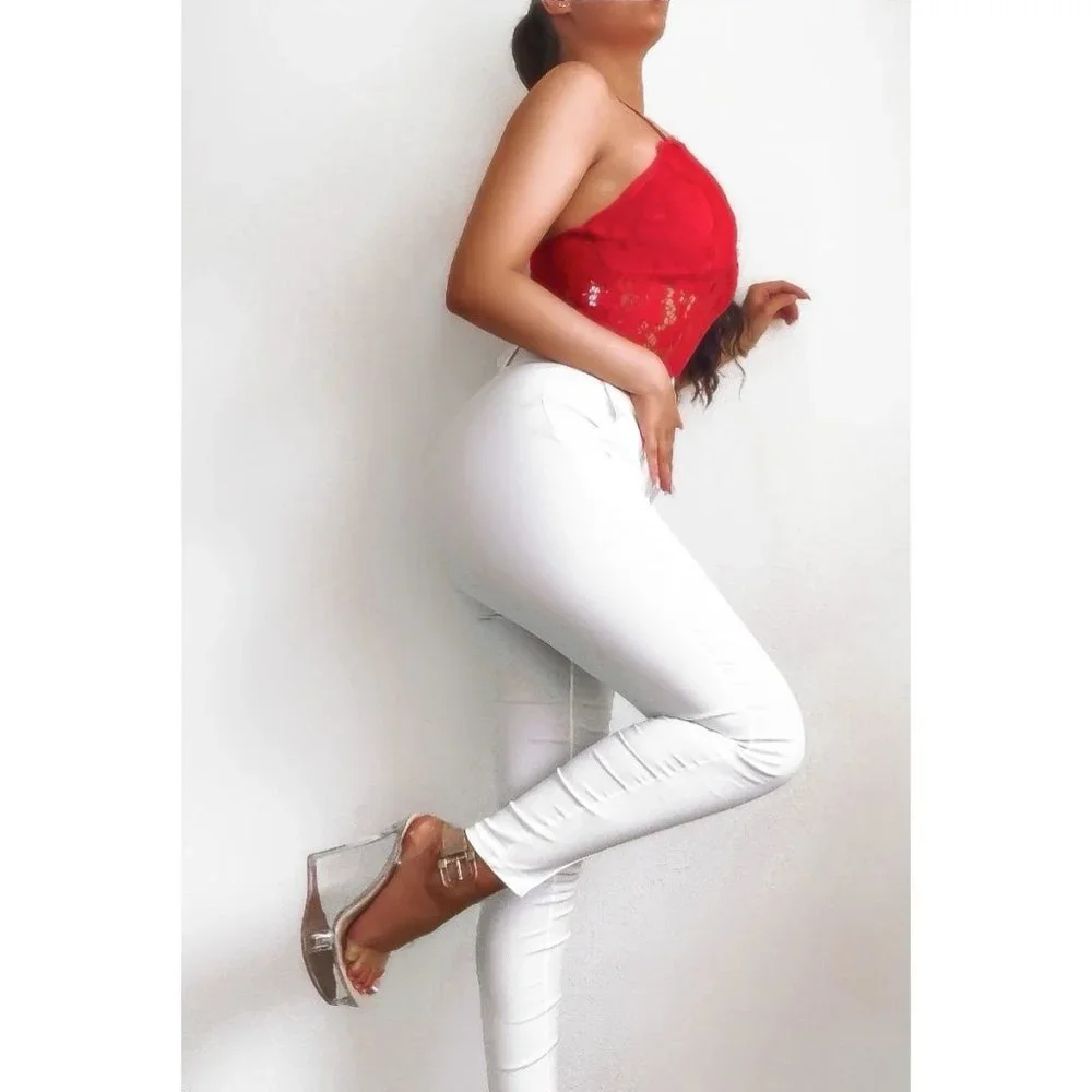 White High Waist Buckle Belt Tapered Cropped Straight Leg Ankle Pants - Picture 9 of 14